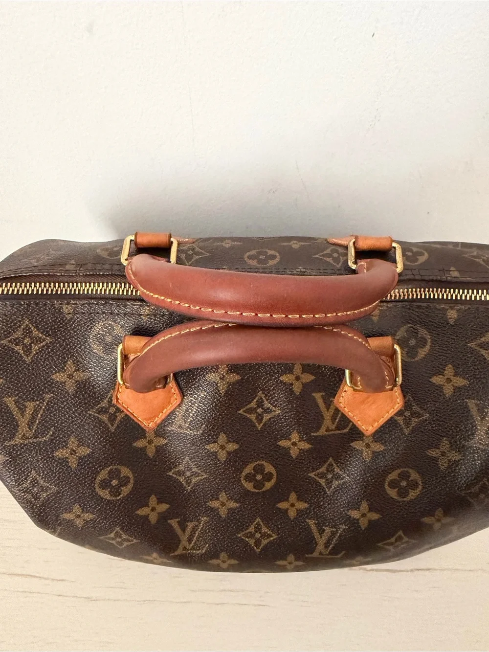 Louis Vuitton Brown Monogram Canvas Satchel with Tan Trim and Gold Hardware